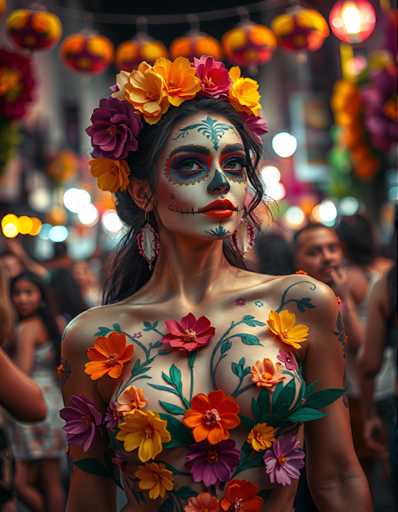 A woman is standing in front of a crowd at an event with her face painted like a sugar skull and surrounded by colorful flowers on her body.