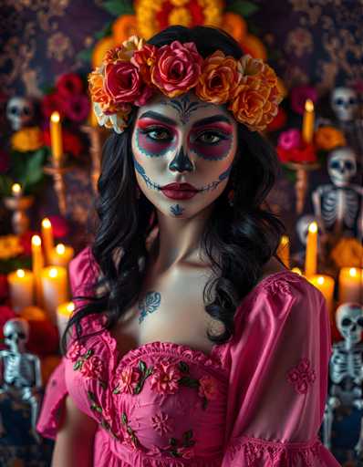 A woman with black hair is wearing a pink dress and has her face painted like a sugar skull. She is standing in front of a display case filled with candles and skulls, which includes a large rose crown on the left side of the image. The background features a dark purple wall adorned with red flowers and gold accents.