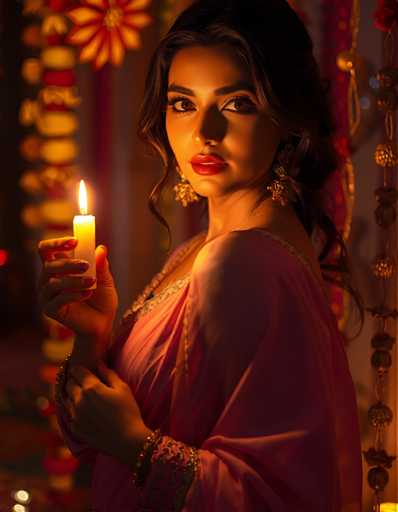 A woman is standing against a wall with her back turned towards the camera. She is wearing a pink dress and gold earrings. The woman holds a lit candle in her right hand.