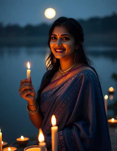 A woman is standing on a dock at night, wearing a blue saree and holding a lit candle. The background features a serene lake under the moonlight, with trees lining the shoreline.