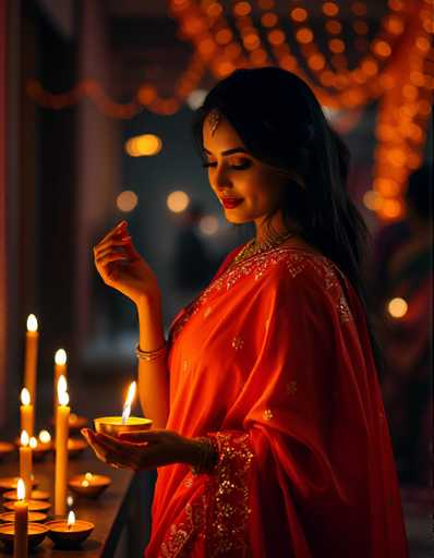 A woman dressed in an orange saree is holding a lit candle and looking down at it with a serene expression on her face. The background features a festive display of orange lights that create a warm glow around the room.