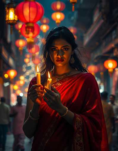 A woman dressed in traditional Indian attire stands in a bustling street at night, holding two lit candles and wearing a gold necklace and earrings.