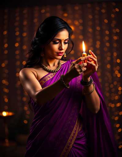 A woman is standing in front of a window with her hands holding a lit candle. She is wearing a purple saree and gold jewelry. The background features orange lights that create a warm glow around the room.