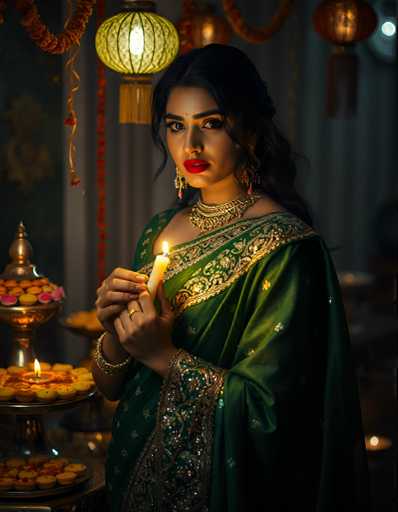 A woman is standing in front of a table with a lit candle on it. She is wearing a green saree and gold jewelry. The background features orange garlands hanging from the ceiling.