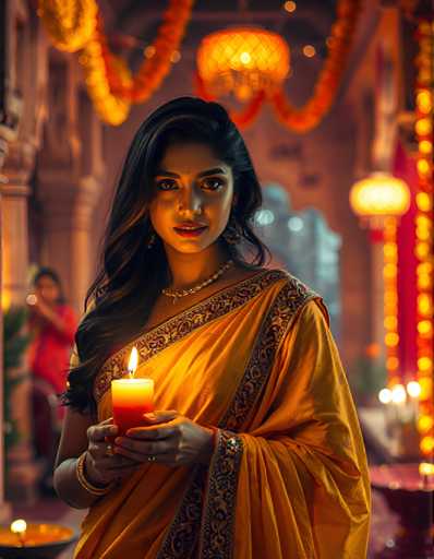 A woman is standing in front of a building with orange and red garlands hanging from the ceiling. She is wearing an orange saree and holding a lit candle. The background features a large archway adorned with flowers.