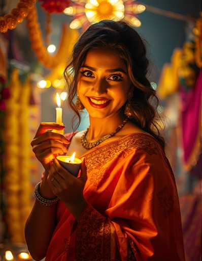 A woman is standing against a white wall with a gold and red patterned curtain behind her. She is wearing an orange saree and holding a lit candle in her right hand.