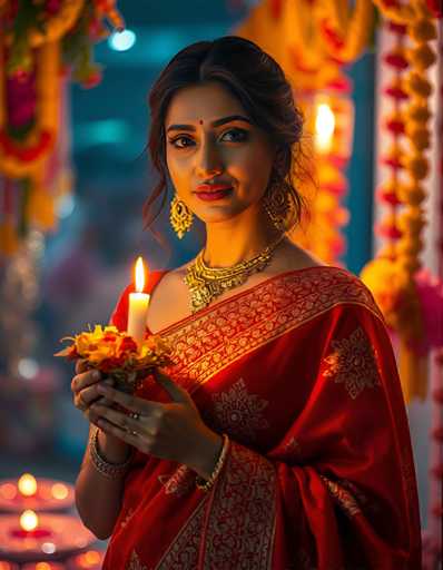 A woman is standing against a backdrop adorned with yellow and pink flowers, holding a lit candle that casts a warm glow on her face as she gazes directly at the camera. She is dressed in a traditional Indian saree, which is predominantly red with gold accents. The background features a white wall decorated with yellow and pink flowers, creating an elegant and festive atmosphere.