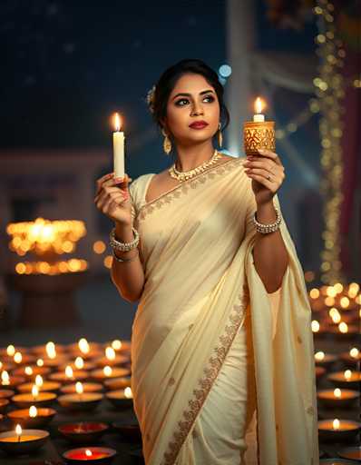 A woman is standing in front of a large group of lit candles and holding two candles in her hands - one on each side of her face. She is wearing a white saree with gold accents that flows down to the floor. The background features a dark blue sky and a building, creating an atmospheric setting for the scene.