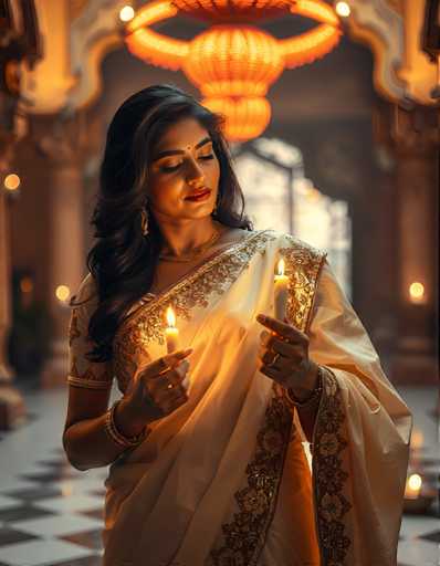 A woman dressed in traditional Indian attire stands in a grand room with ornate columns and a chandelier hanging from the ceiling. She holds two lit candles in her hands, one on each side of her face.