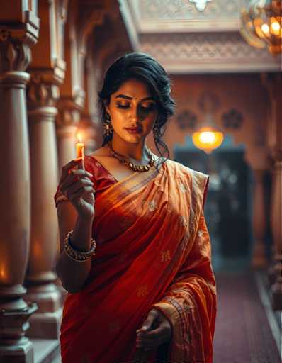 A woman dressed in an orange saree stands in a hallway with a lit candle in her hand and a gold pillar behind her.