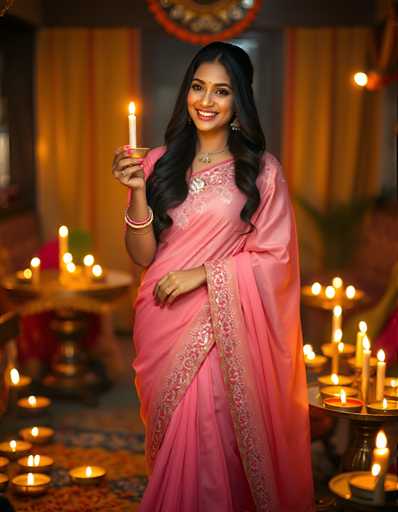 A woman is standing in front of a table with candles on it. She is wearing a pink saree and holding a lit candle. The room has yellow curtains and gold accents, creating an elegant atmosphere.