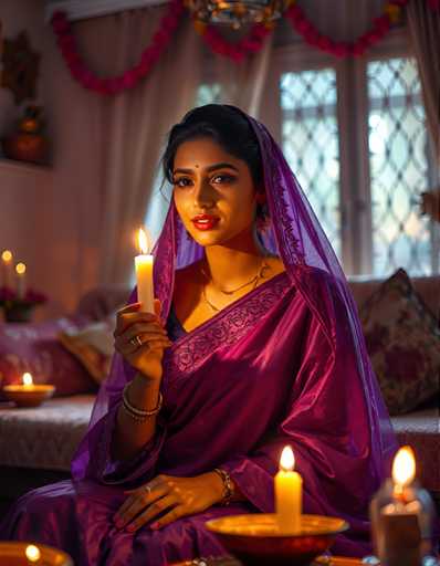 A woman is seated on a couch with her legs crossed and holding a lit candle in front of her face. She is wearing a purple saree that matches the color of the candle she's holding. The room around her features pink walls and curtains, creating an intimate atmosphere. A vase filled with flowers sits on the table next to her, adding a touch of nature to the scene.