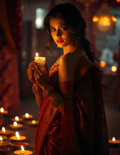 A woman is standing in front of a mirror wearing a red and gold saree with gold bangles on her left wrist. She holds a lit candle in her right hand. The background features a dark room with a chandelier hanging from the ceiling.