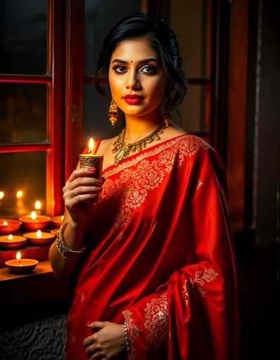 A woman is standing by a window wearing a red saree and gold jewelry. She holds a lit candle in her hand.