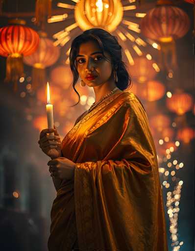 A woman is standing against a backdrop of colorful lanterns and lights, wearing an orange saree with gold trim. She holds a lit candle in her right hand.