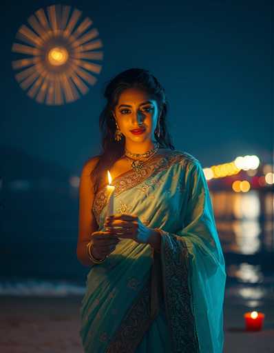 A woman is standing on a beach at night, wearing a blue saree and holding a lit candle. The background features a large white circle with a yellow center, possibly representing the sun or moon, and other lights in the distance suggesting an outdoor event or celebration.