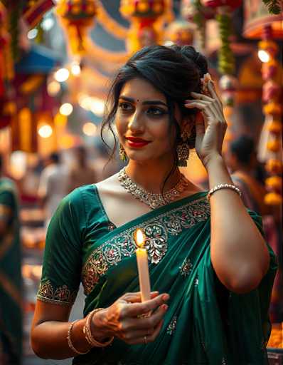 A woman is standing in front of a temple with her hair styled in an elegant updo and wearing a green saree adorned with gold embroidery. She holds a lit candle in her right hand while gazing at the camera with a serious expression on her face.