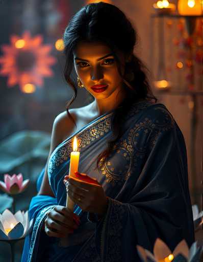 A woman is standing against a wall with her back turned towards the camera. She is wearing a blue saree and holding an orange candle. The background features a white wall adorned with pink flowers.