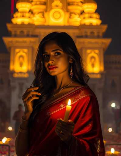 A woman dressed in traditional Indian attire stands in front of a grand yellow and gold temple at night, holding a lit candle.