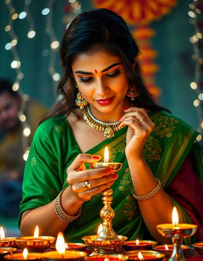 A woman dressed in traditional Indian attire is seated at a table with lit candles and gold accents. She holds a small golden bowl in her hands as she gazes into the flames of the candles. The background features a festive display of colorful lights and decorations.