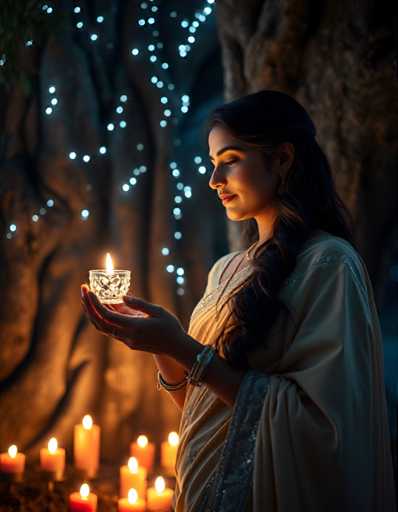 A woman dressed in traditional Indian attire stands in front of a large tree with twinkling lights and candles on the branches, holding a lit candle in her hands.