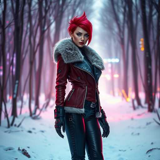 A woman with red hair and a fur collar stands confidently in a snowy forest, wearing a black leather jacket and pants.