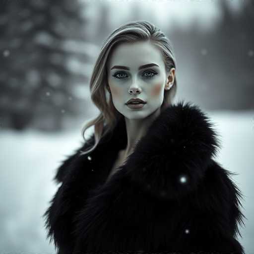 A woman with blonde hair and blue eyes is standing in a snowy forest, wearing a black fur coat that has a fur collar and a fur hood. The background features trees covered in snow, creating a serene winter landscape.