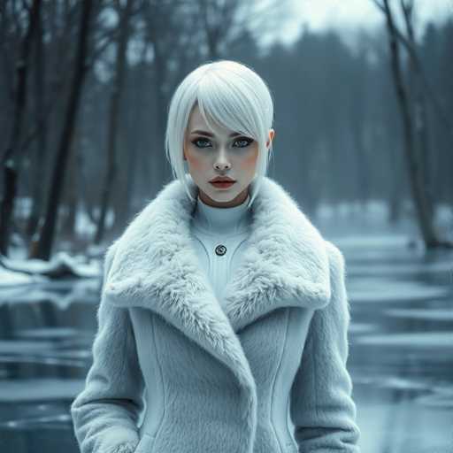 A woman with blonde hair and a white fur coat stands on a frozen lake surrounded by trees.