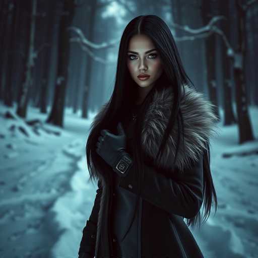 A woman with long dark hair is standing in a snowy forest. She is wearing a black coat and fur collar, and she has her hands tucked into her pockets. The background features tall trees covered in snow, creating an ethereal atmosphere.