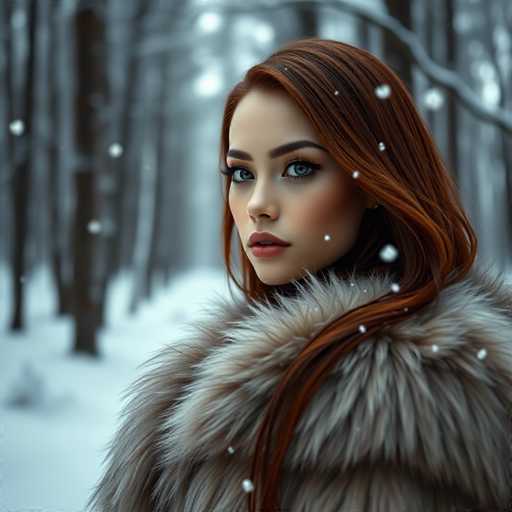 A young woman with red hair is standing in a snowy forest. She is wearing a fur coat and has her hair styled in loose waves. The trees around her have snow-covered branches, creating a serene winter landscape.