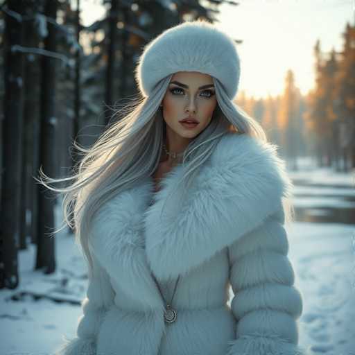 A woman with long blonde hair is standing in a snowy forest during sunset. She is wearing a white fur coat and a matching white hat. The trees around her have snow-covered branches, creating a serene winter landscape.