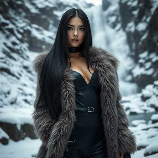 A woman with long black hair is standing against a snowy background, wearing a fur coat and leather outfit that includes a belt around her waist.