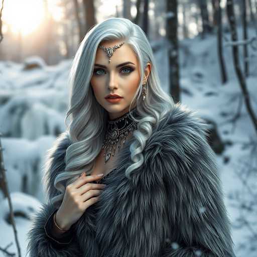 A woman with long blonde hair is standing in a snowy forest. She is wearing a fur coat and has a necklace around her neck. The background features trees covered in snow, creating a serene winter landscape.