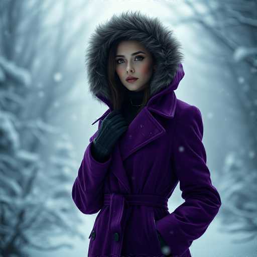 A woman is standing in front of a snowy forest with her hands tucked into her pockets and wearing a purple coat with a fur hood.