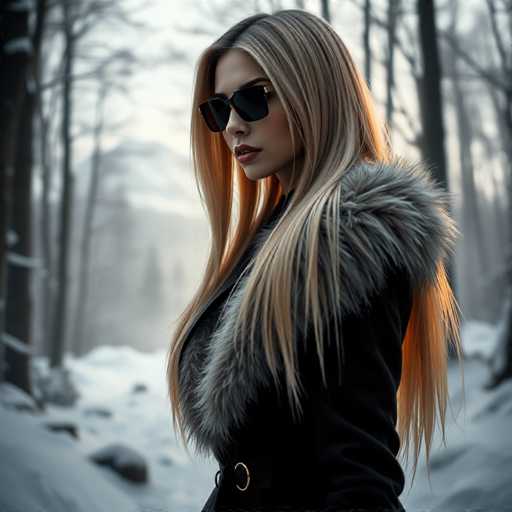 A woman with blonde hair is standing in a snowy forest wearing sunglasses and a black coat with a fur collar.