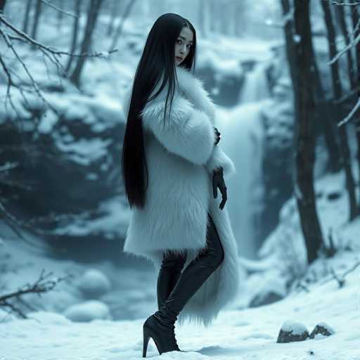 A woman with long black hair is standing on a snowy path in the woods, wearing a white fur coat and black boots. She is looking directly at the camera.