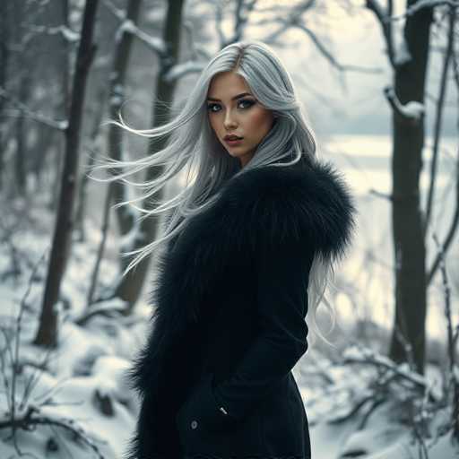 A woman with long blonde hair is standing in a snowy forest. She is wearing a black coat and has her hands tucked into the pockets of her coat. The trees around her have snow-covered branches, creating a serene winter scene.