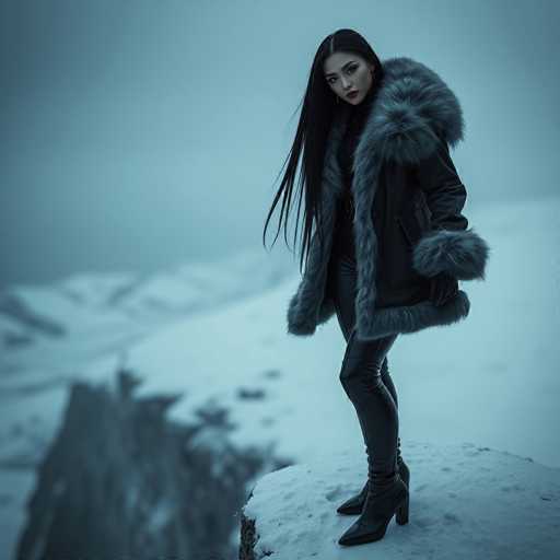 A young woman stands on a snowy cliff, wearing a black fur coat and black boots with white fur trim. She is looking directly at the camera.