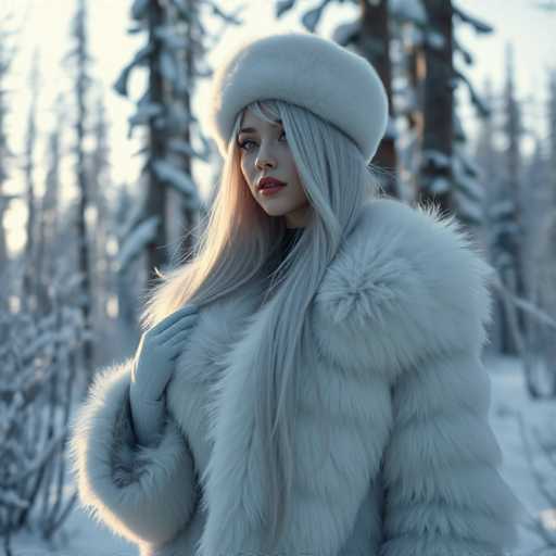 A woman with long blonde hair is standing in a snowy forest. She is wearing a white fur hat and coat that matches the snow-covered trees around her. The background features tall trees covered in snow, creating a serene winter landscape.