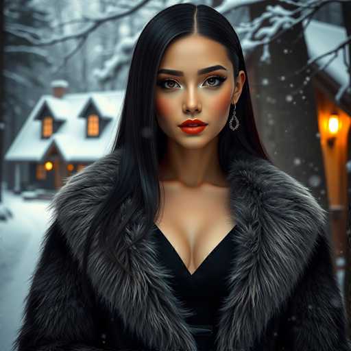 The image shows a woman with long dark hair wearing a black fur coat and red lipstick. She is standing against the backdrop of a snowy forest, which includes a house visible behind her. The photo has a digital filter applied to it, giving it an artistic and dreamy quality.