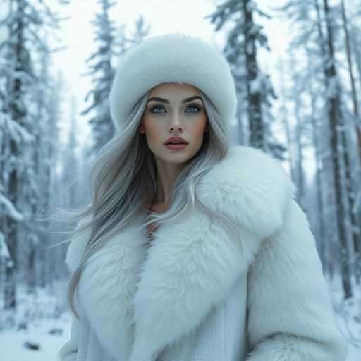 A woman with long blonde hair is standing in a snowy forest wearing a white fur coat and a white hat.