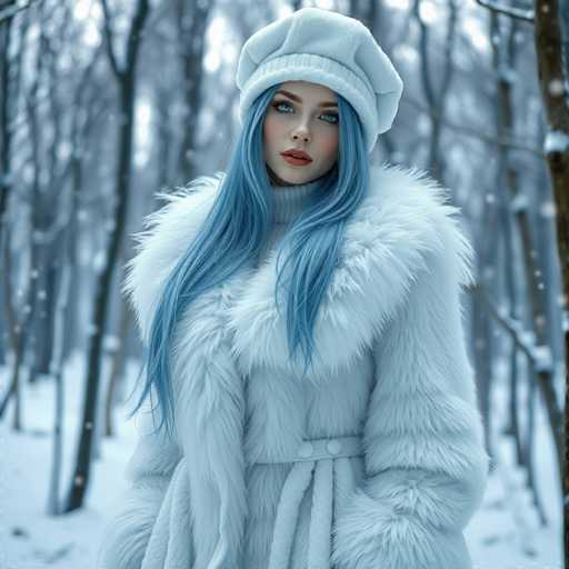 A woman with long blue hair is standing in a snowy forest wearing a white fur coat and hat.