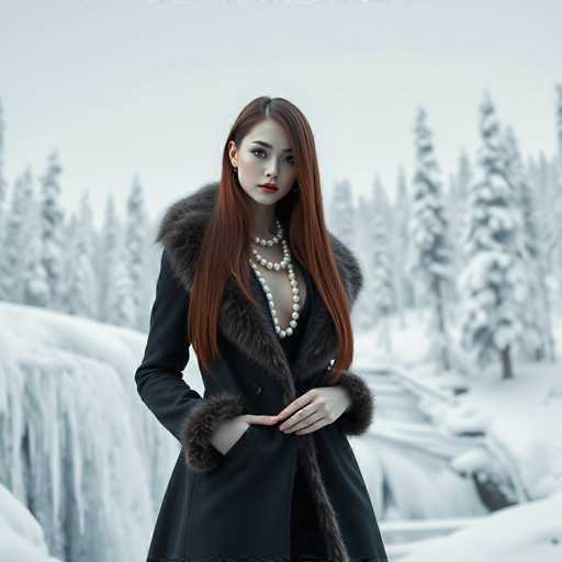 A woman with long red hair is standing against a snowy background featuring trees and waterfalls. She is wearing a black coat with fur trim around the neck and shoulders, a pearl necklace, and a black dress that reaches down to her knees. The woman's pose suggests she is posing for the photo.