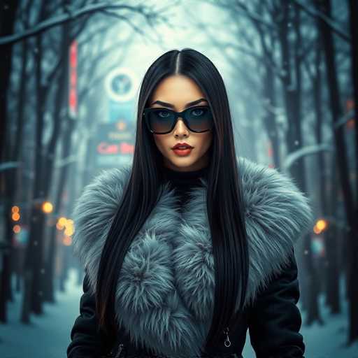 A woman with long dark hair is standing in a snowy forest. She is wearing a fur coat and sunglasses, giving her an air of mystery. The trees around her have bare branches reaching out into the cold winter air.