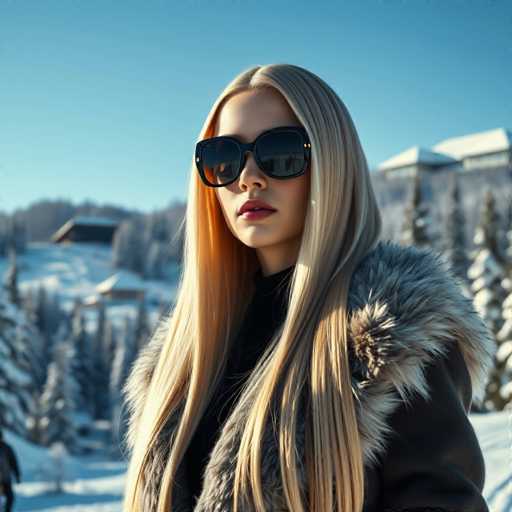 A woman with blonde hair is standing on a snowy mountain road wearing sunglasses and a fur coat. The background features snow-covered trees against a clear blue sky.