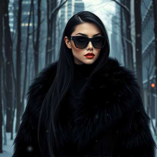 The image shows a woman wearing a black fur coat and sunglasses standing against the backdrop of a snowy forest. The woman is positioned centrally in the frame with her gaze directed towards the camera.