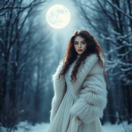 A woman with long brown hair is standing in a snowy forest, wearing a white fur coat and a white dress. The full moon can be seen behind her, casting an ethereal glow on the scene.