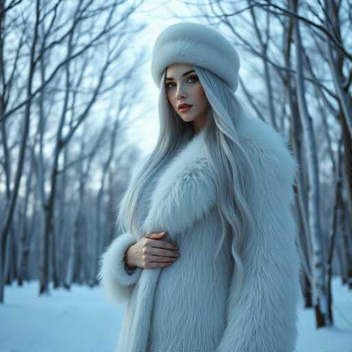 A woman with long blonde hair is standing in a snowy forest wearing a white fur coat and hat.