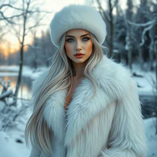 A woman with blonde hair is standing in a snowy forest during sunset. She is wearing a white fur hat and coat that matches the snow around her. The trees behind her have bare branches reaching out into the sky.