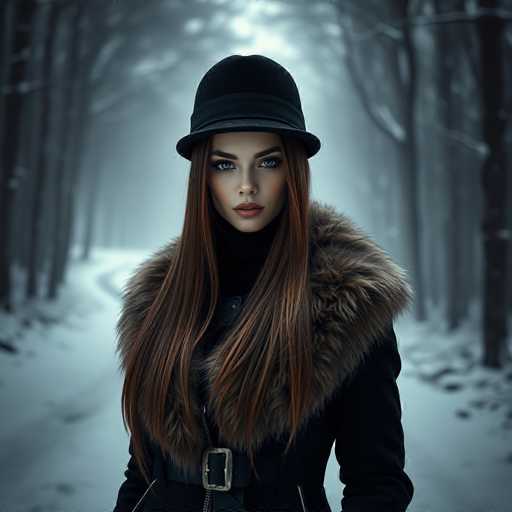 A woman with long brown hair is standing in a snowy forest wearing a black hat and coat. She has striking blue eyes that contrast against her dark hair. The trees around her have bare branches reaching out into the cold winter air.